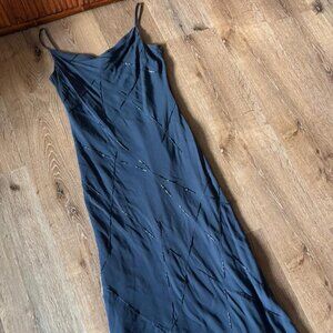 Calvin Klein vintage Y2K 90s 100% Silk beaded gray/blue midi dress size 4